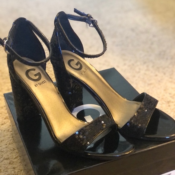 black sequin block heels